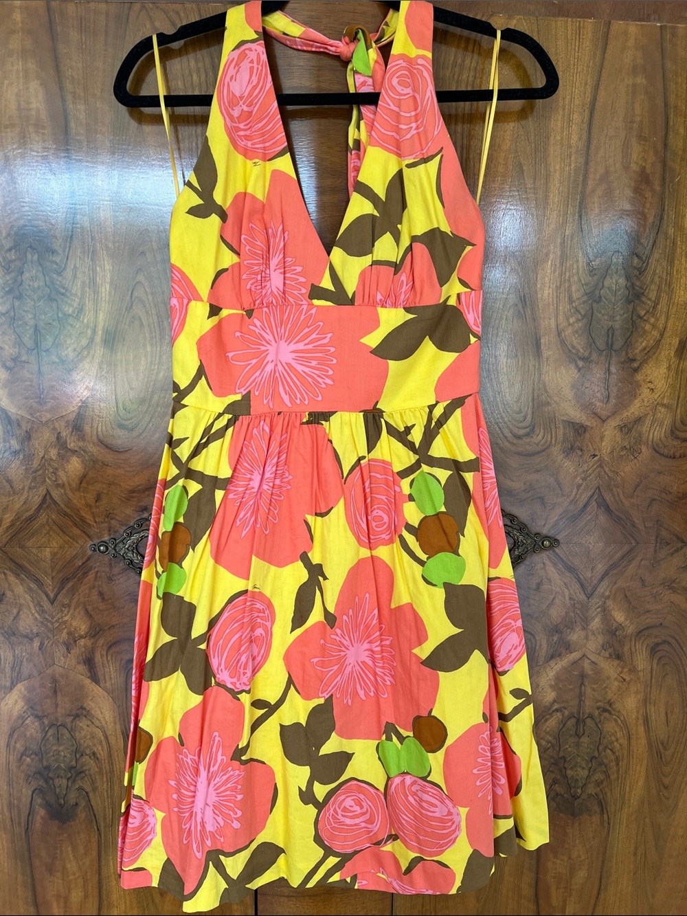 Trina Turk Yellow Floral Halter Midi Dress with Coral & Brown Accents - Size 6